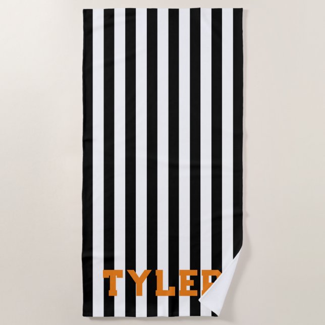 Orange Black and White Classic Cabana Stripe Beach Towel (Front)