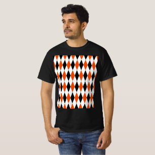 Orange Black and White Harlequin Diamonds Pattern T-Shirt