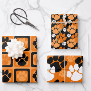 Orange, Black and White Pawprint Wrapping Paper Sheet