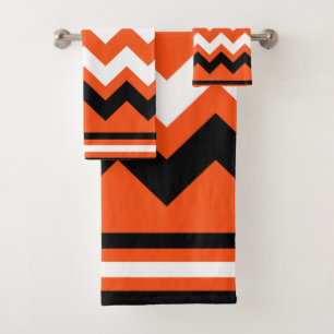 Orange Black and White Straight Zig Patterned Bath Towel Set