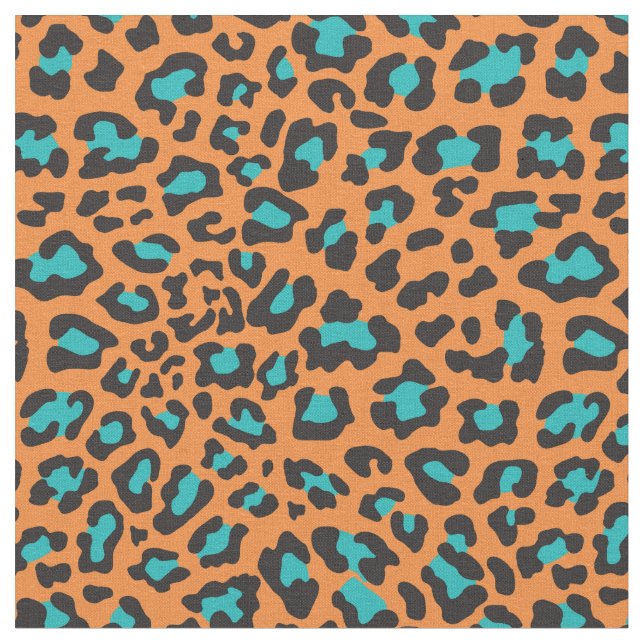 Orange, Black, Aqua Leopard Fabric (Close Up)