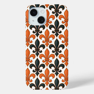 Orange Black Baroque Fleur-de-lis Pattern Design  iPhone 15 Case