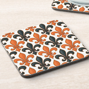 Orange Black Baroque Fleur-de-lis Pattern Design Coaster