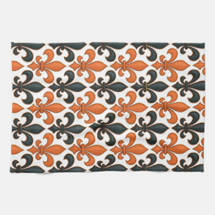 Orange Black Baroque Fleur-de-lis Pattern Design  Kitchen Towel