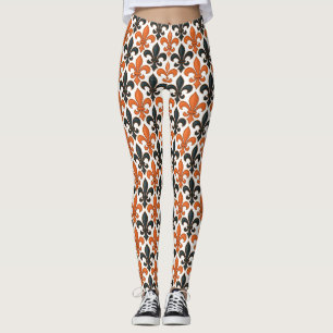 Orange Black Baroque Fleur-de-lis Pattern Design  Leggings
