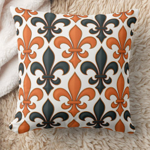 Orange Black Baroque Fleur-de-lis Pattern Design  Throw Pillow