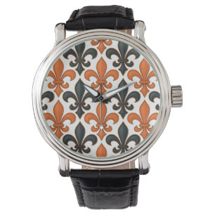 Orange Black Baroque Fleur-de-lis Pattern Design  Watch