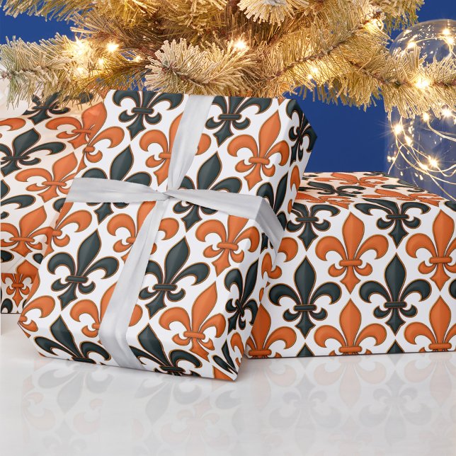 Orange Black Baroque Fleur-de-lis Pattern Design  Wrapping Paper (Creator Uploaded)
