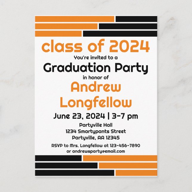 Orange & Black Bars Graduation Party Invitation Postcard (Front)
