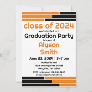 Orange & Black Bars One Photo Grad Party Invitation
