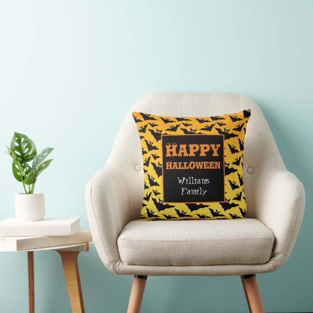 Orange black bats Halloween pattern family name Throw Pillow (Chair)
