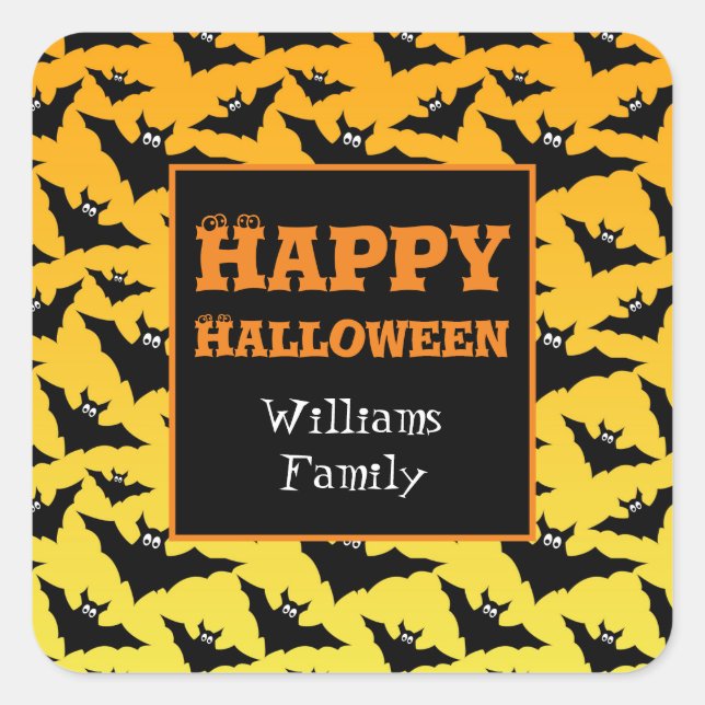 Orange black bats Halloween pattern Personalize Square Sticker (Front)