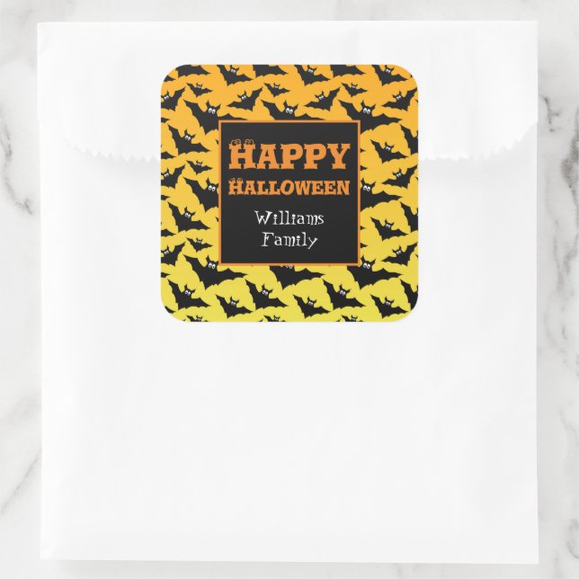 Orange black bats Halloween pattern Personalize Square Sticker (Bag)