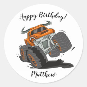 Orange Black Boys' Monster Truck Name Birthday Classic Round Sticker