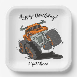Orange Black Boys' Monster Truck Name Birthday Paper Plate