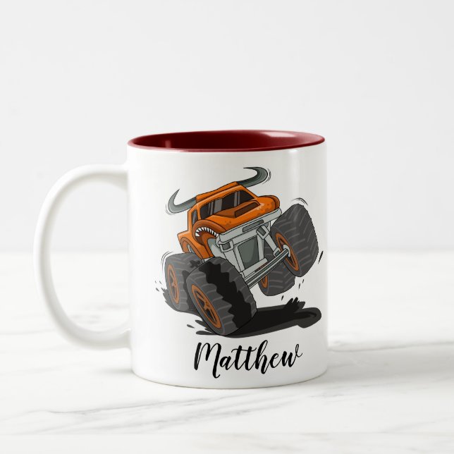 Orange Black Boys' Monster Truck Name Personalized Two-Tone Coffee Mug (Left)