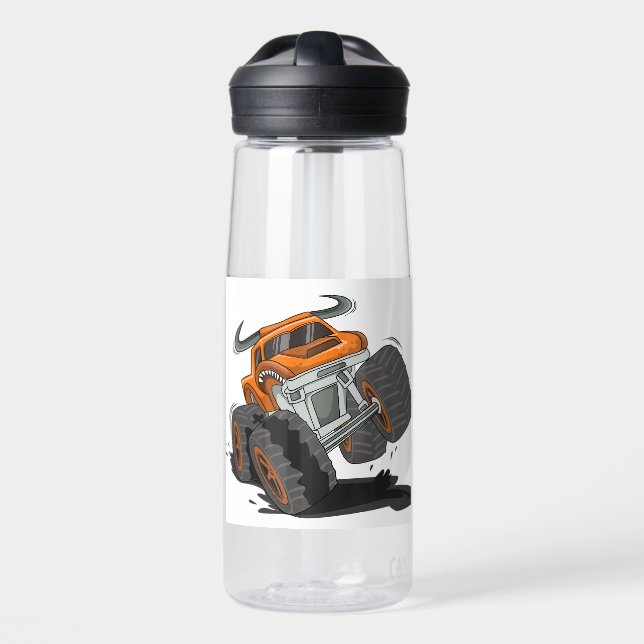 Orange Black Boys' Monster Truck Name Personalized Water Bottle (Front)