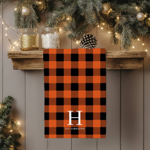 Orange Black Buffalo Plaid Monogram Holiday Kitchen Towel
