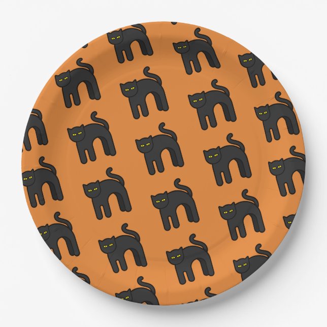 Orange Black Cat Pattern Halloween Party Paper Plate (Front)