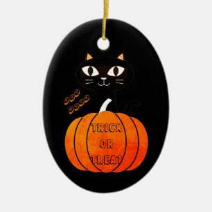 Orange & Black Cat Pumpkin Cute Spooky Halloween Ceramic Ornament