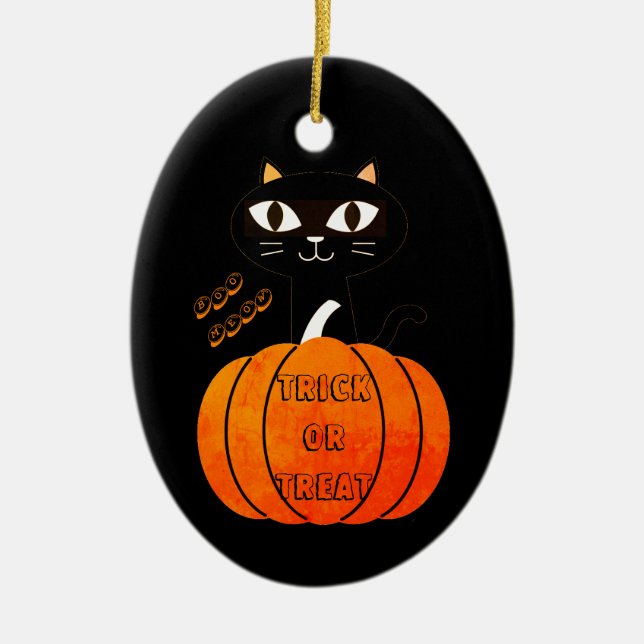 Orange & Black Cat Pumpkin Cute Spooky Halloween Ceramic Ornament (Front)