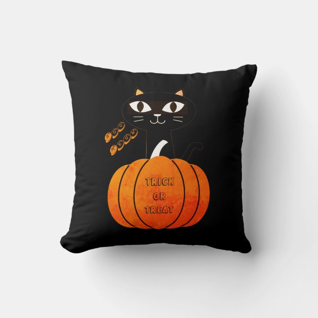 Orange Black Cat Pumpkin Cute Spooky Halloween Throw Pillow (Front)