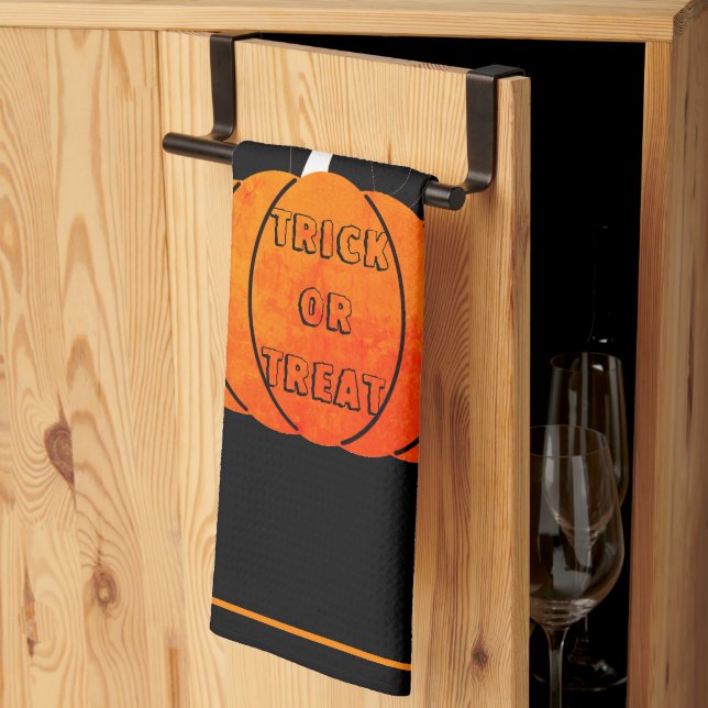 Orange Black Cat Pumpkin Trick or Treat Halloween Kitchen Towel (Thirds Fold)