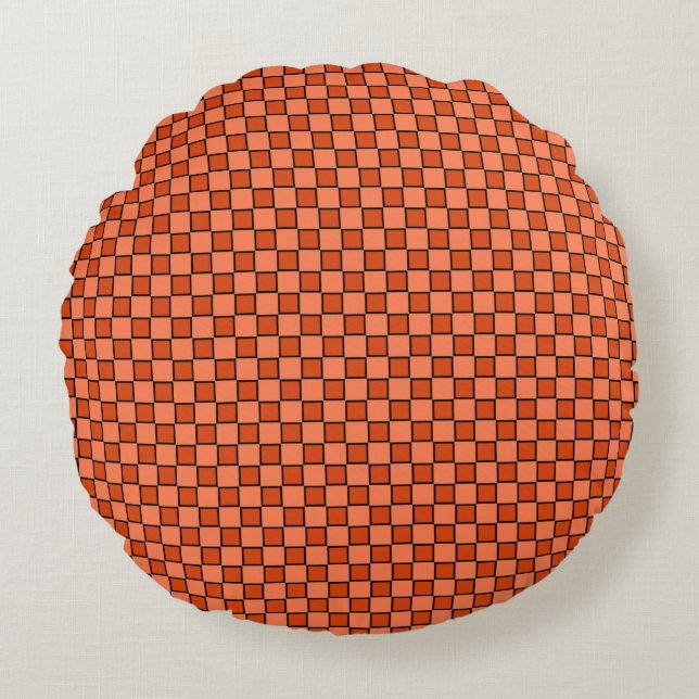 Orange Black Chequerboard Pattern Round Pillow (Front)