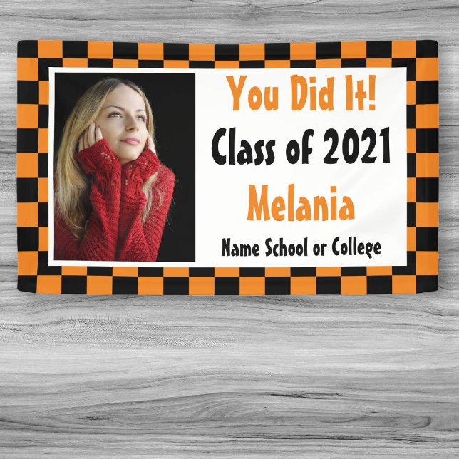 Orange Black Chequerboard Photo Graduation Banner (Creator Uploaded)