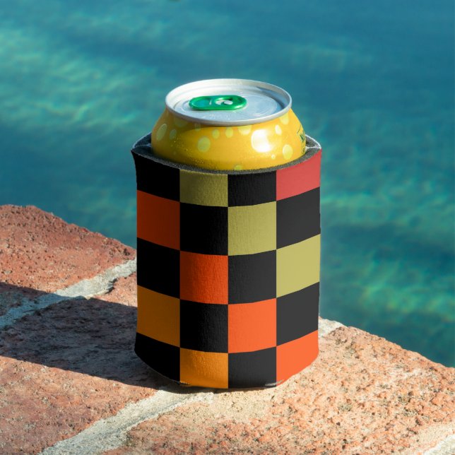 Orange Black Chequerboard Retro Classic Checks Can Cooler (In Situ Pool)