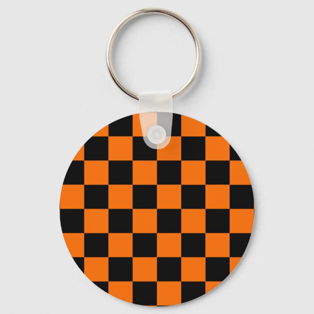 Orange Black Chequered Check Pattern Keychain (Front)