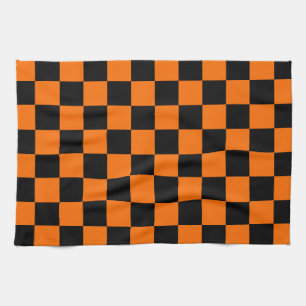 Orange Black Chequered Check Pattern Kitchen Towel