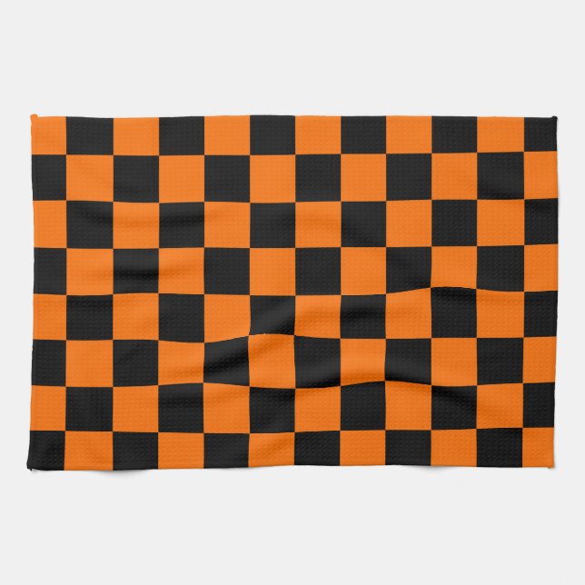 Orange Black Chequered Check Pattern Kitchen Towel (Horizontal)