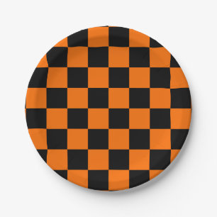 Orange Black Chequered Check Pattern Paper Plate