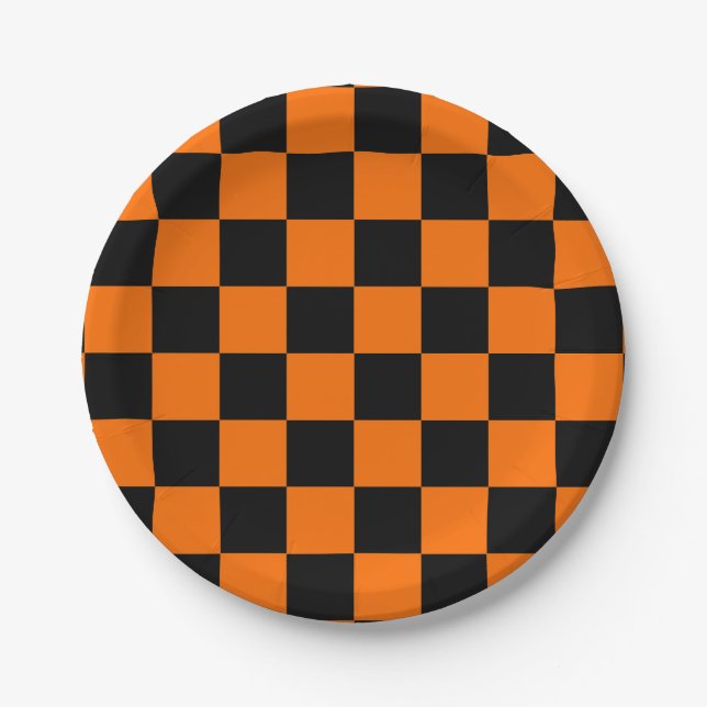 Orange Black Chequered Check Pattern Paper Plate (Front)