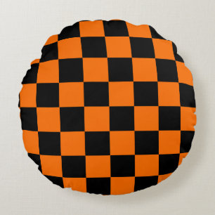 Orange Black Chequered Check Pattern Round Pillow