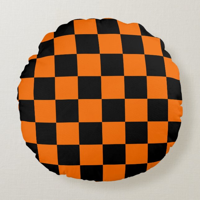 Orange Black Chequered Check Pattern Round Pillow (Front)