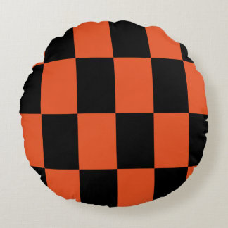 Orange black Chequered Check Pattern Round Pillow