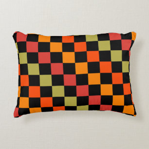 Orange Black Chequered Gingham Pattern Accent Pillow