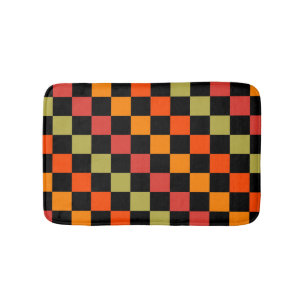 Orange Black Chequered Gingham Pattern Bath Mat