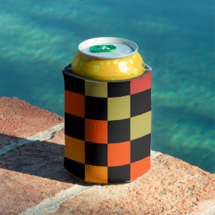Orange Black Chequered Gingham Pattern Can Cooler