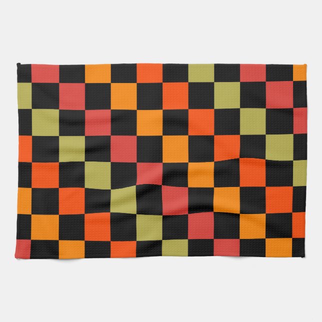 Orange Black Chequered Gingham Pattern Kitchen Towel (Horizontal)