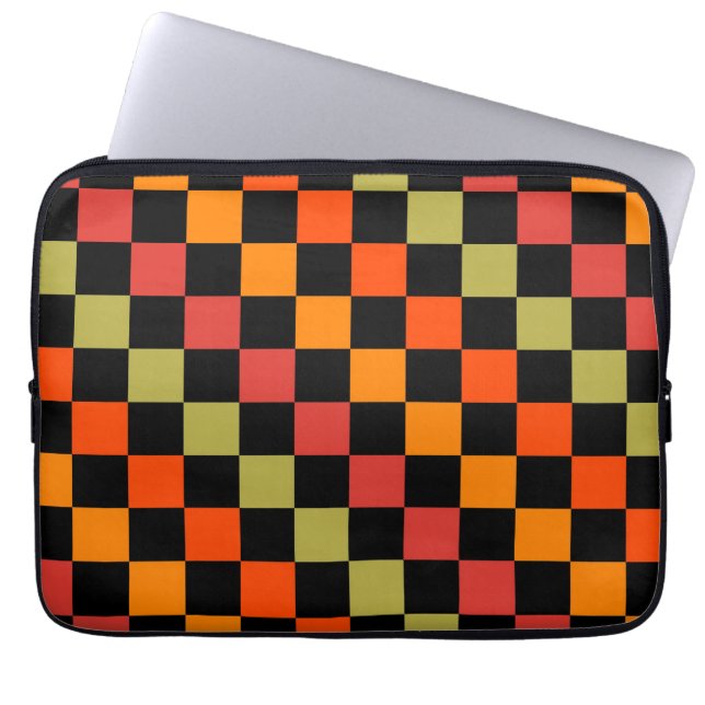 Orange Black Chequered Gingham Pattern Laptop Sleeve (Front)