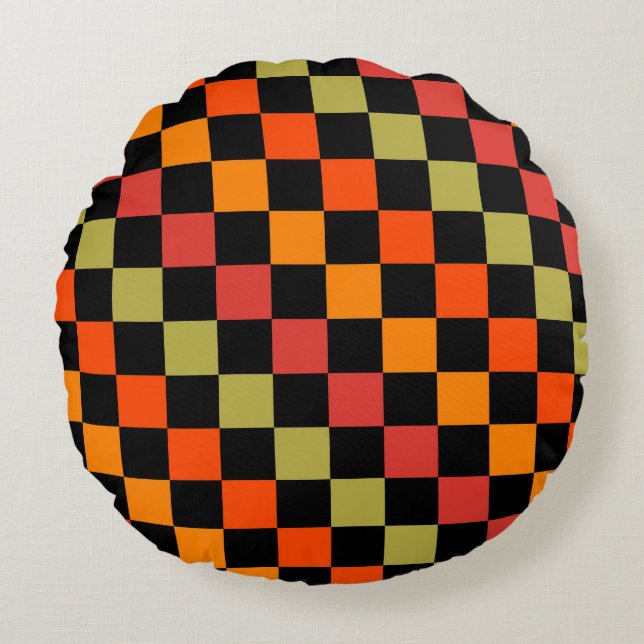 Orange Black Chequered Gingham Pattern Round Pillow (Front)