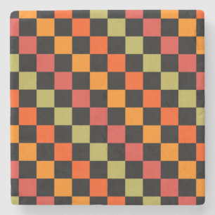 Orange Black Chequered Gingham Pattern Stone Coaster