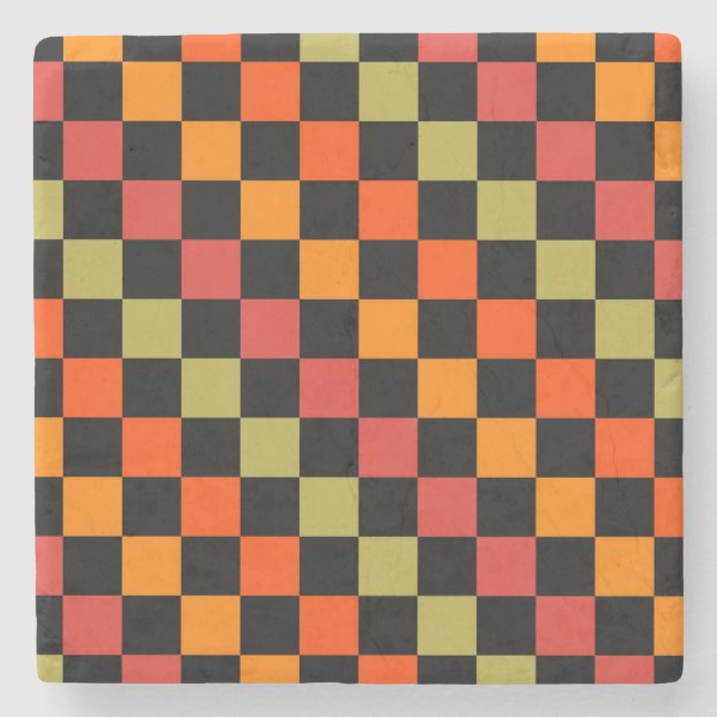 Orange Black Chequered Gingham Pattern Stone Coaster (Front)