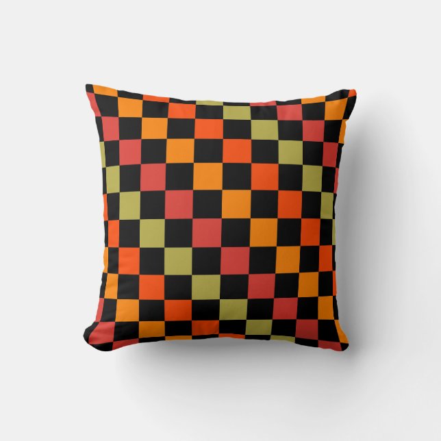 Orange Black Chequered Gingham Pattern Throw Pillow (Front)
