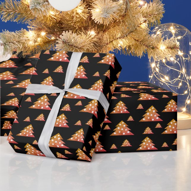 Orange Black Christmas Tree Holiday Pattern Wrapping Paper (Holidays)