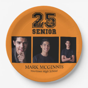 Orange Black Class 2025 Graduation Photo Paper Plate