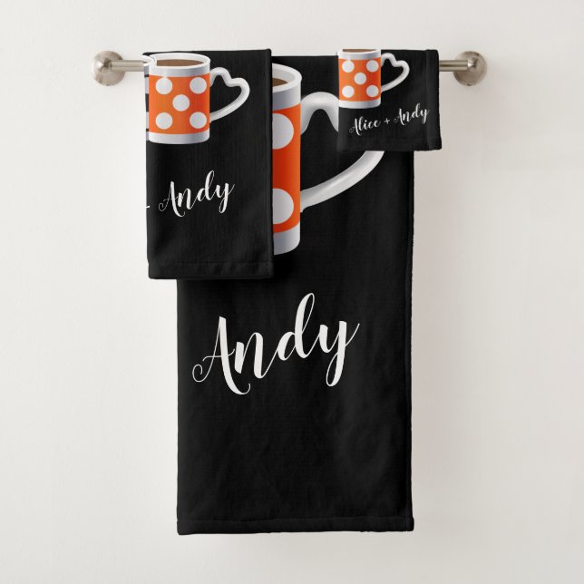 Orange + Black Coffee Colour Trendy Design POP ART Bath Towel Set (Insitu)